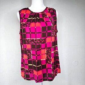 Trina Turk Pink Brown Silk Sleeveless Mod Rectangle Blouse